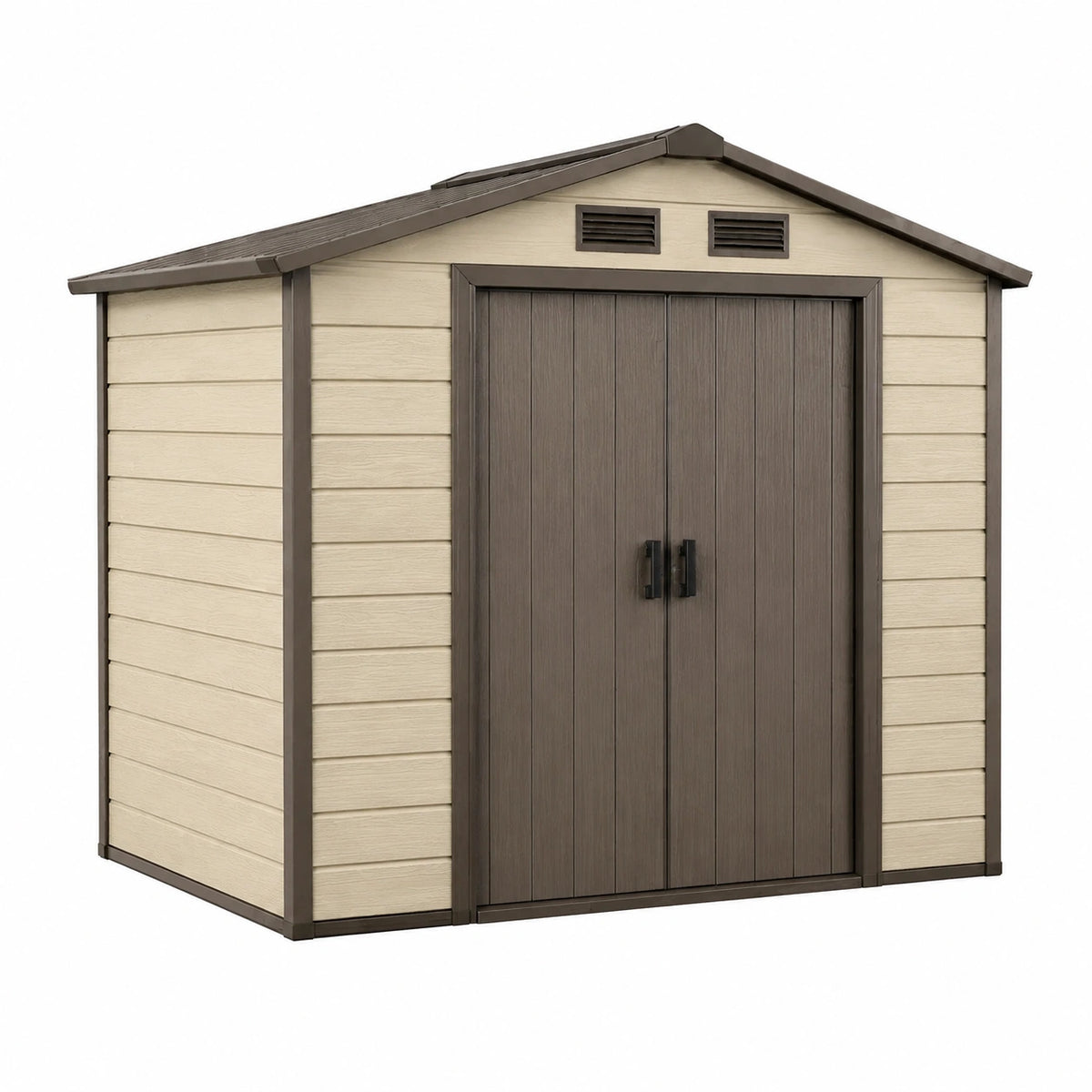 Abri de jardin en résine beige et marron avec structure en acier