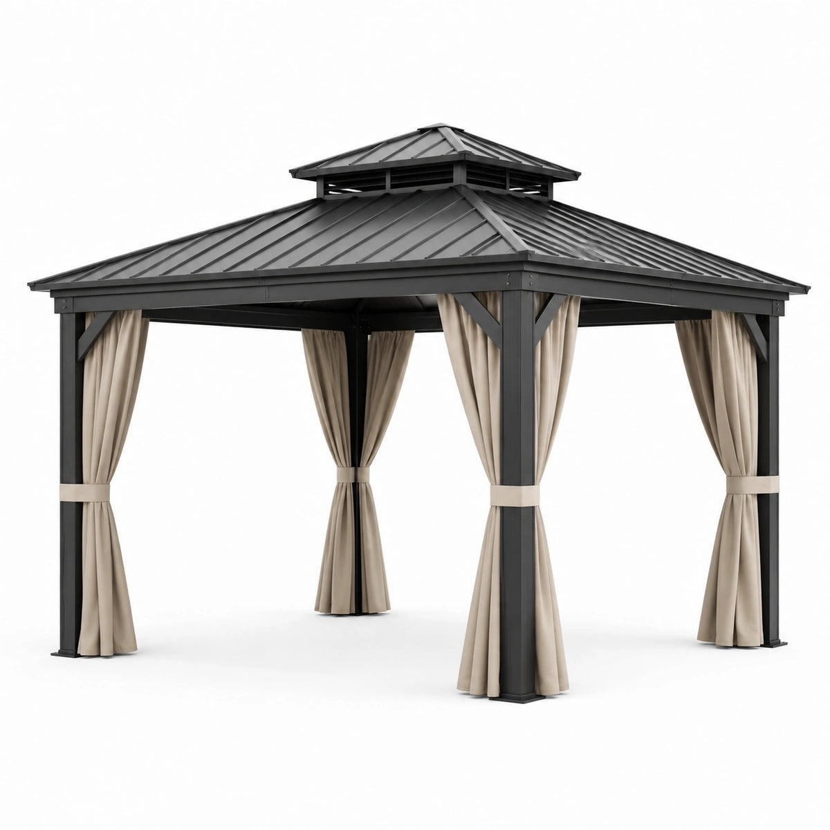Pavillon en aluminium avec toit en acier et rideaux beiges 3x3m