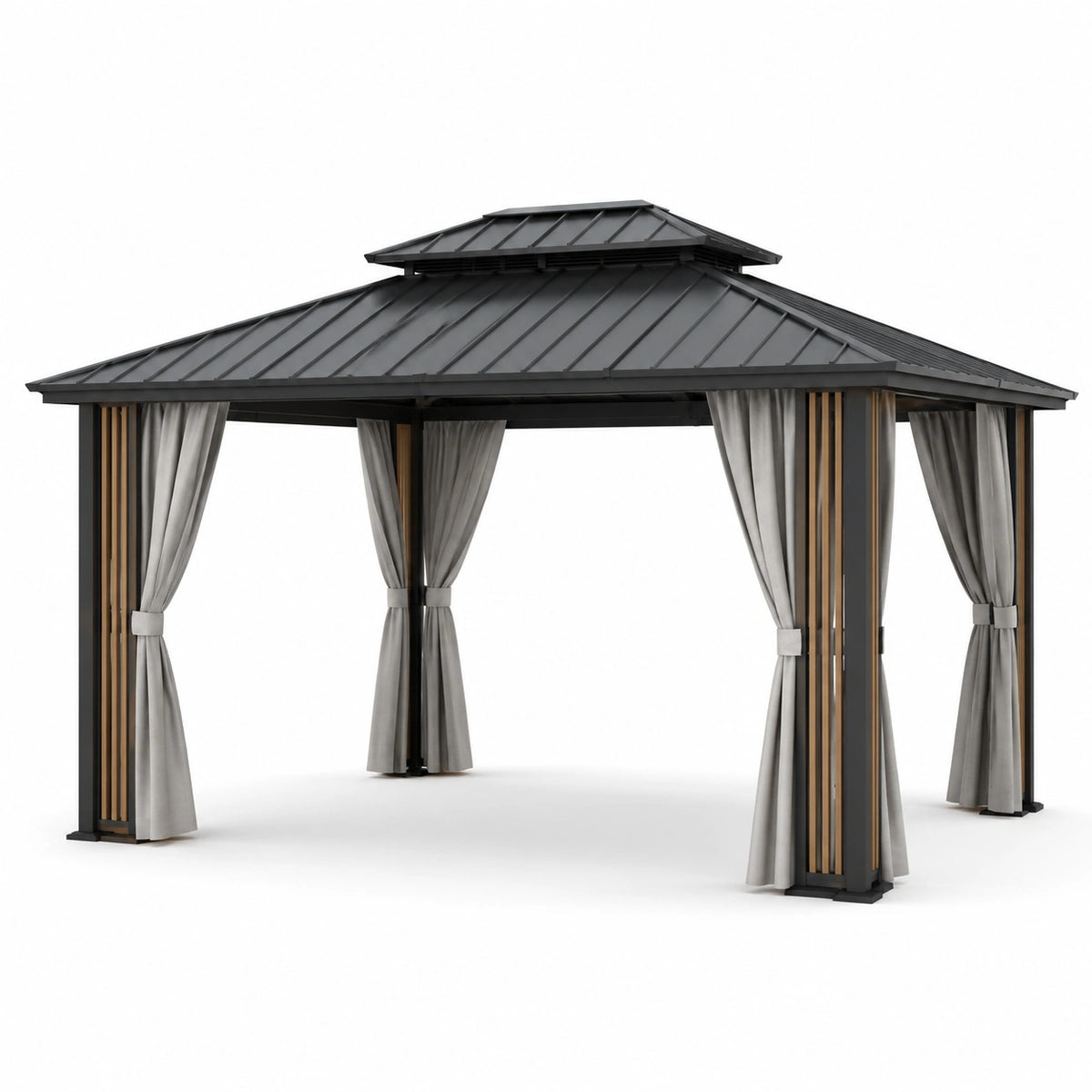 Pavillon de jardin en aluminium avec toit en acier et rideaux en polyester