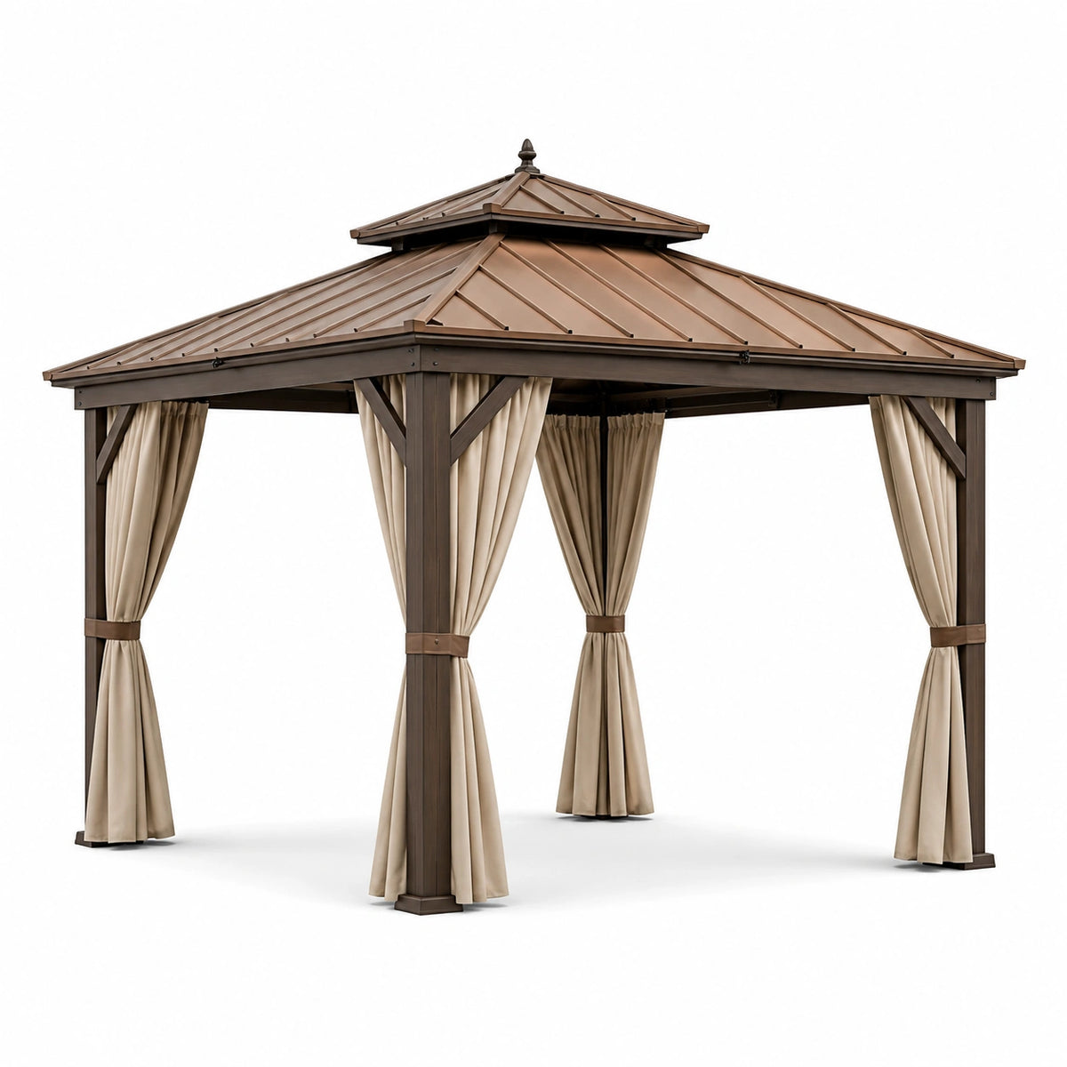 Pavillon de jardin en métal brun avec rideaux en polyester beige