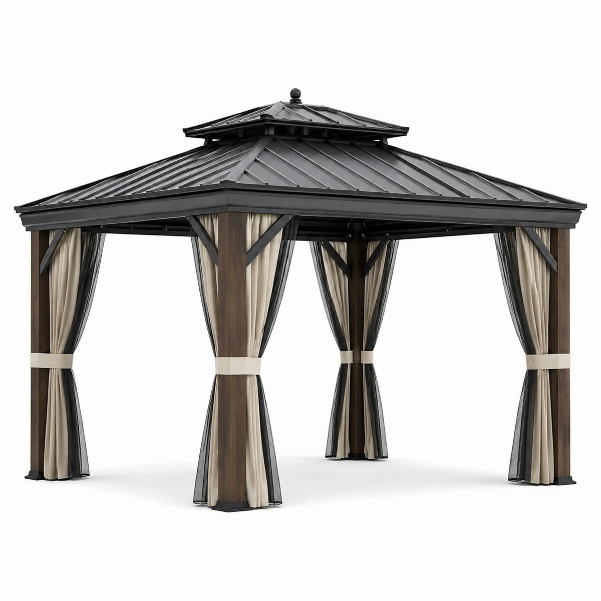 Pavillon de jardin en bois et métal avec rideaux en polyester 3x3m