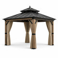 Pavillon de jardin en métal et bois 3x3 m avec rideaux en polyester beige