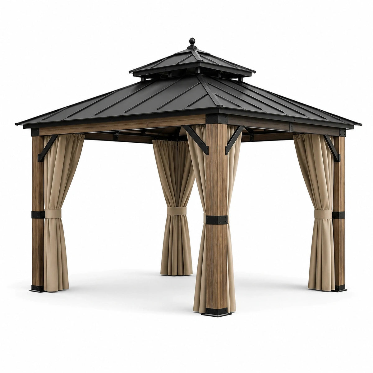 Pavillon de jardin en métal et bois 3x3 m avec rideaux en polyester beige