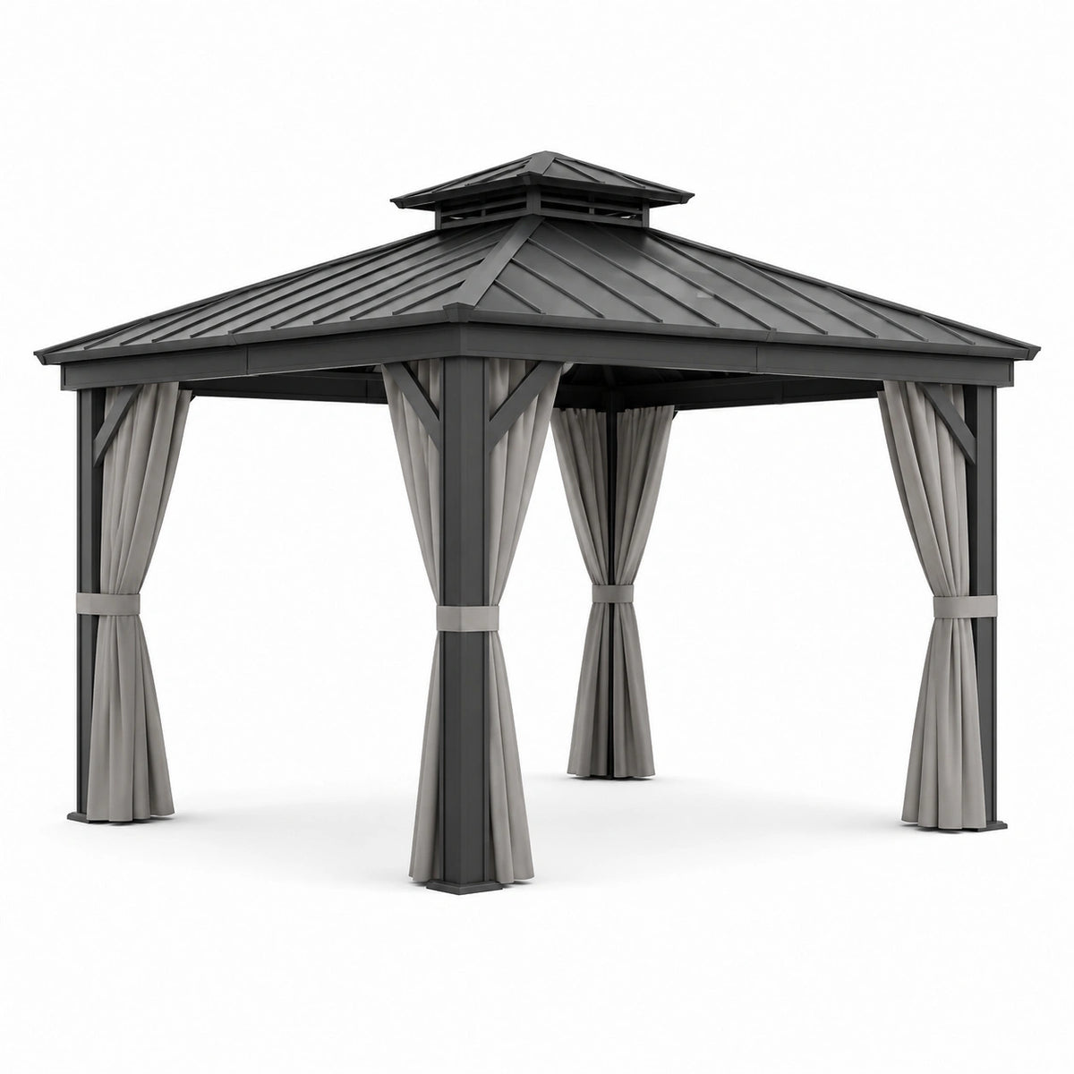 Pavillon en aluminium avec toit en métal et rideaux en polyester
