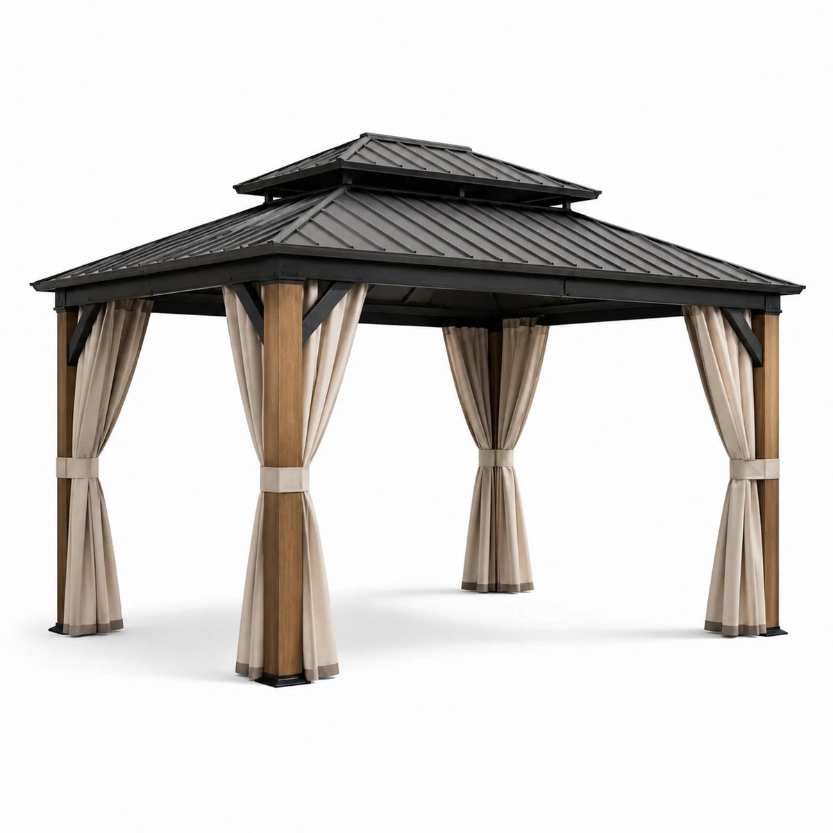 Pavillon extérieur en bois et acier avec rideaux en polyester 3,6 m x 3,6 m