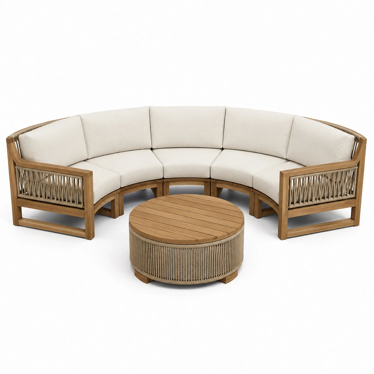 Ensemble de canapé d'angle en bois et corde beige crème avec table ronde
