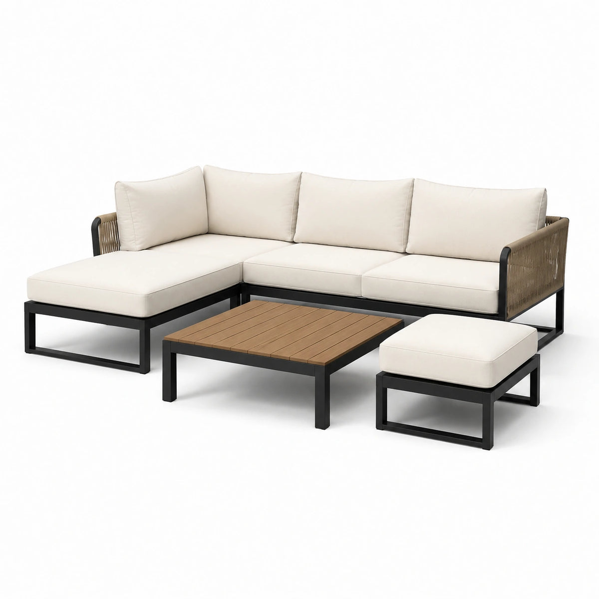 Ensemble de salon de jardin en aluminium et polyester beige avec table carrée