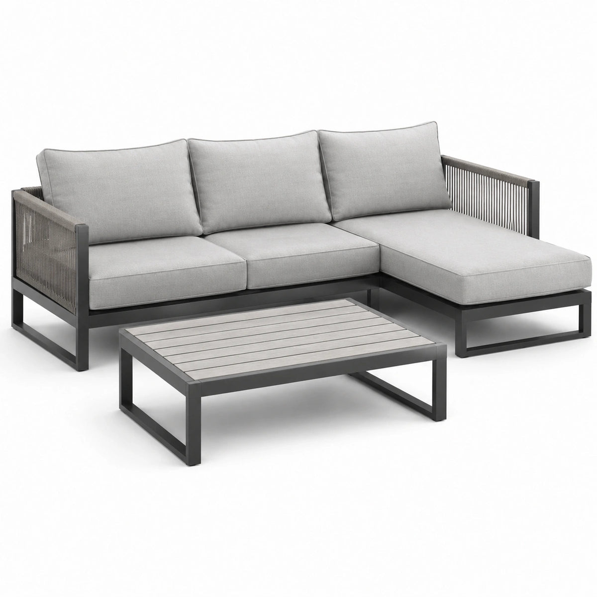 Ensemble de jardin en aluminium et polyester gris clair avec table basse