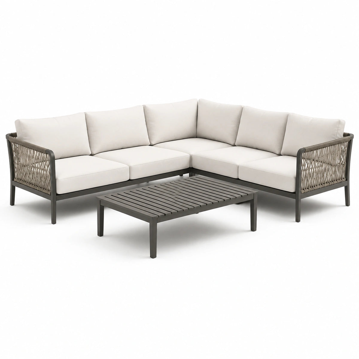 Ensemble de salon en aluminium et corde avec table basse
