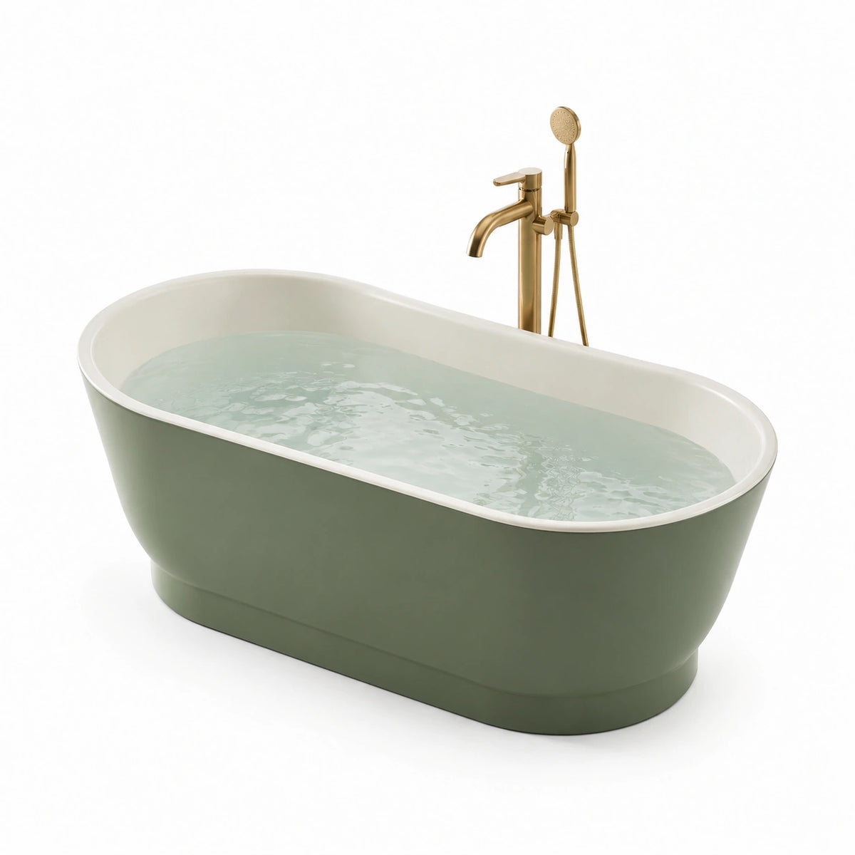 Baignoire îlot en acrylique blanc et vert avec robinetterie en laiton