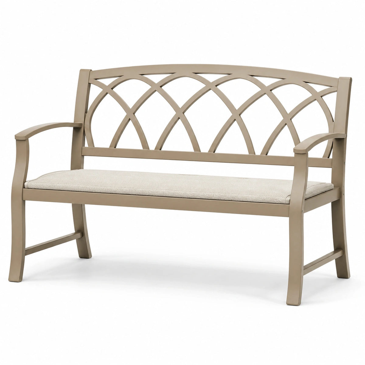 Banc de jardin en métal brun avec coussin beige