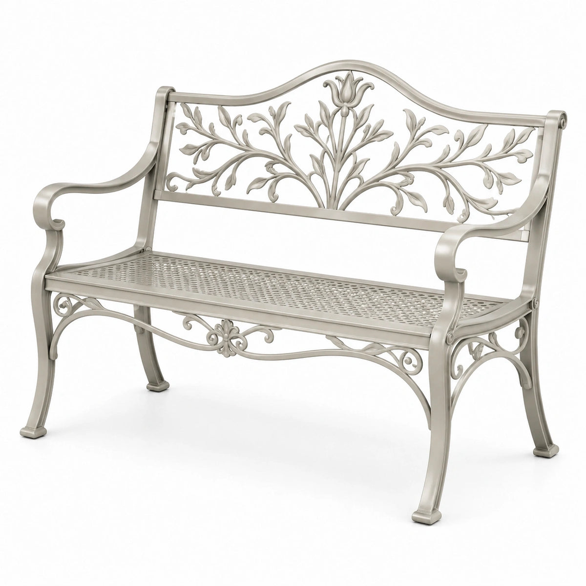 Banc en métal argenté avec motif floral