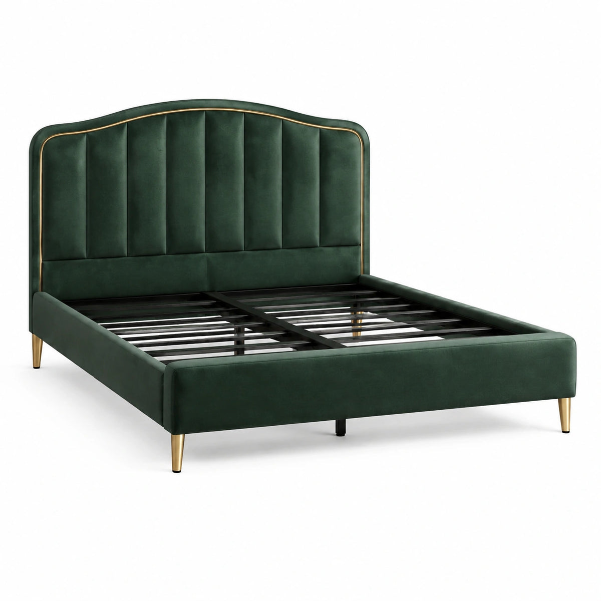Lit en velours vert avec tête de lit et pieds en métal 160x200 cm