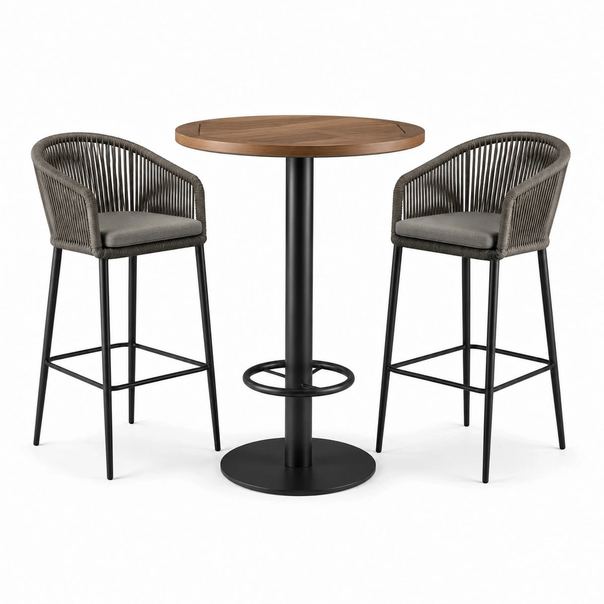 Table haute ronde bois avec 2 tabourets en métal et corde polyéthylène gris