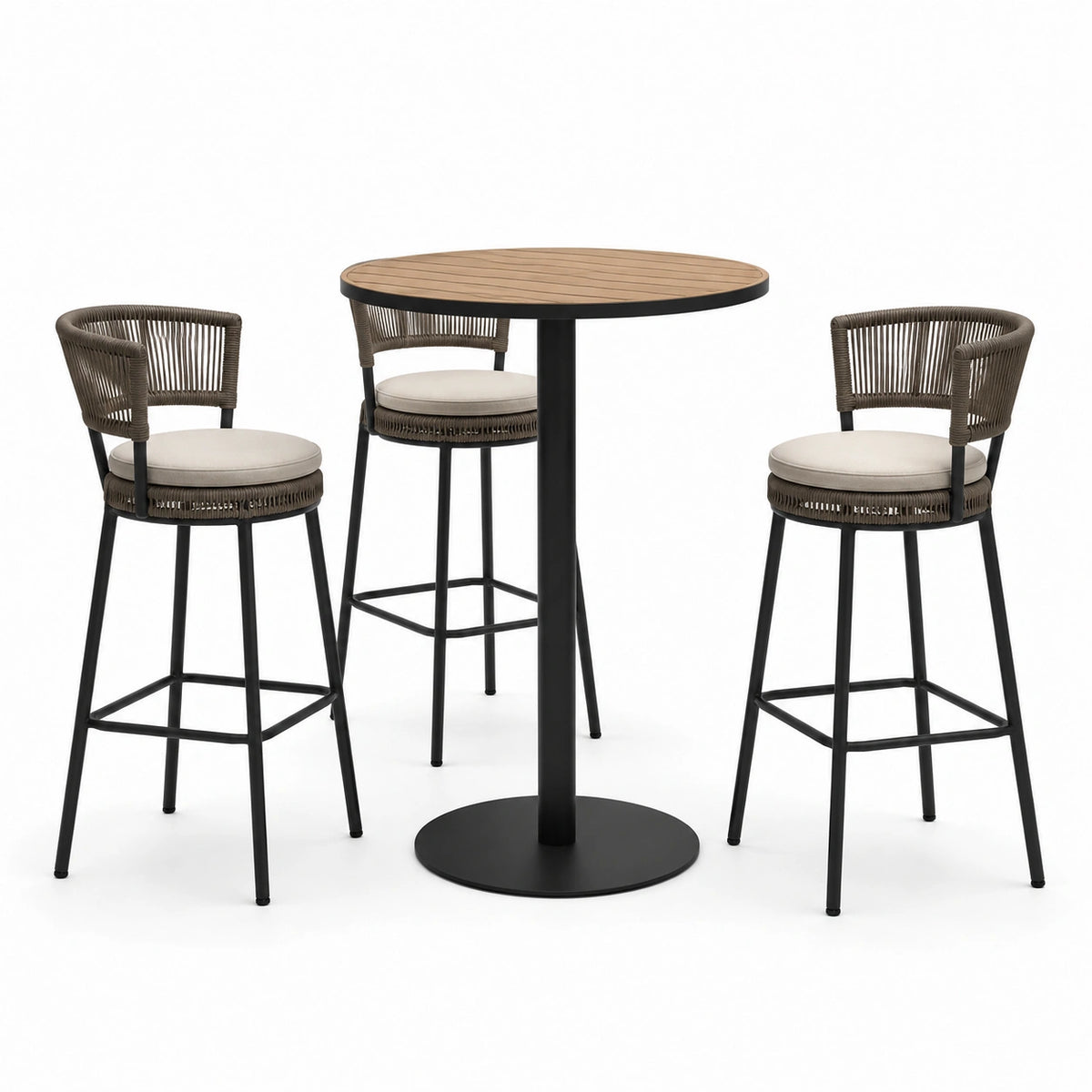 Ensemble table ronde en bois et métal avec tabourets en corde et coussins beige