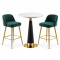 Ensemble table ronde en marbre et tabourets en velours vert