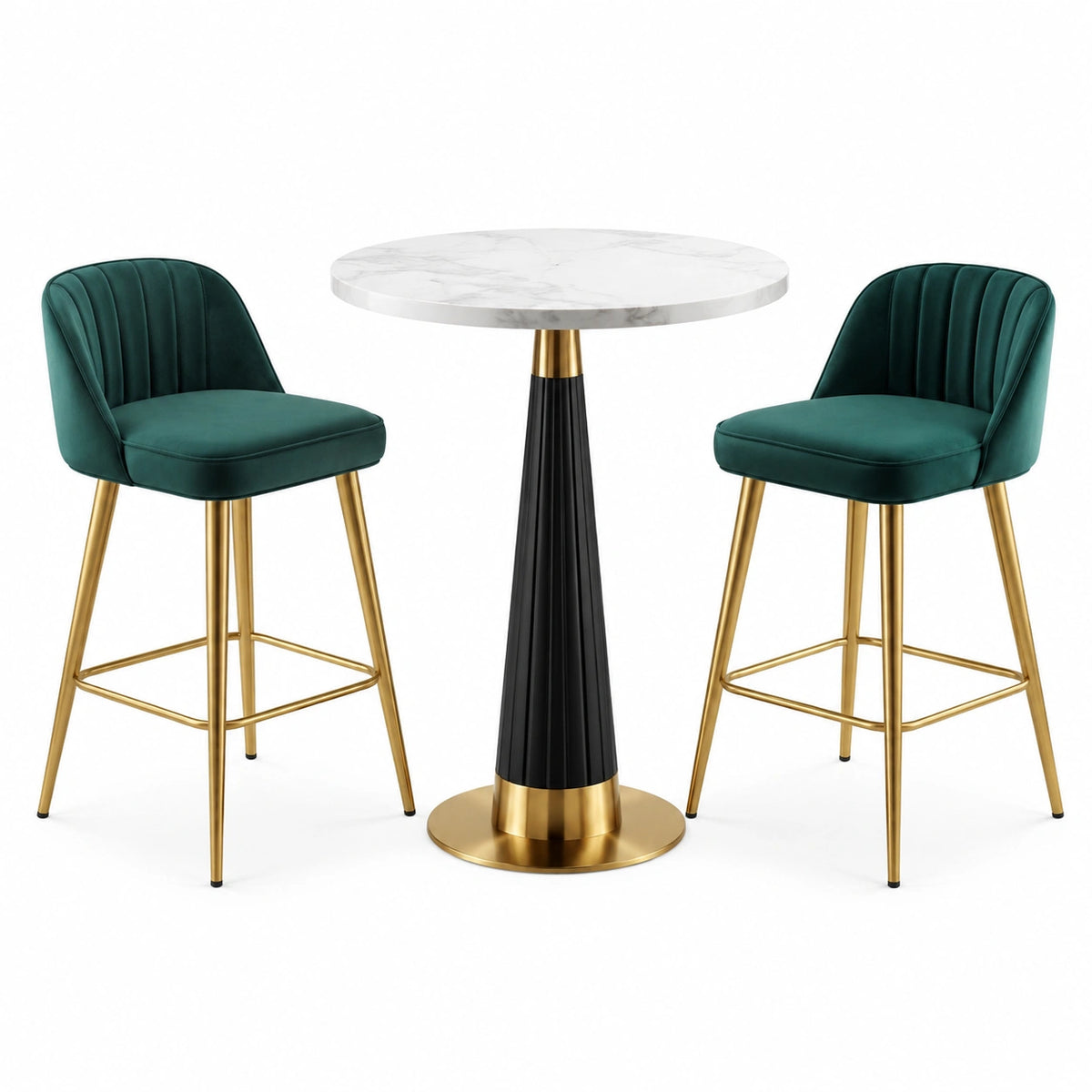 Ensemble table ronde en marbre et tabourets en velours vert