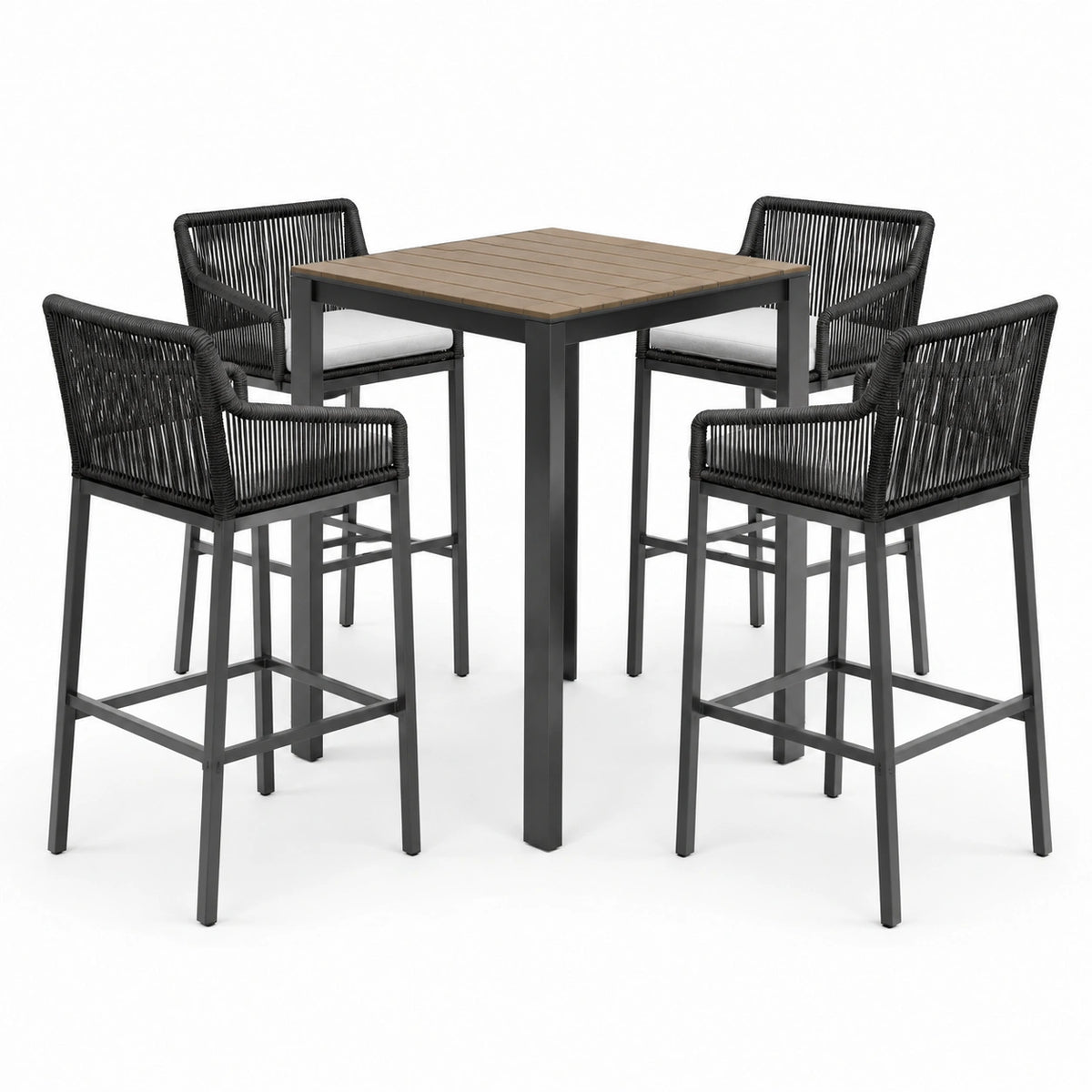 Set de table haute en bois et métal avec tabourets en corde noire
