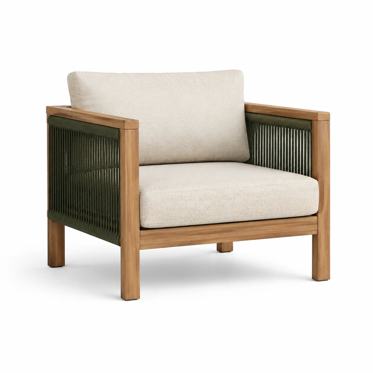 Fauteuil en bois avec corde et coussins en polyester beige