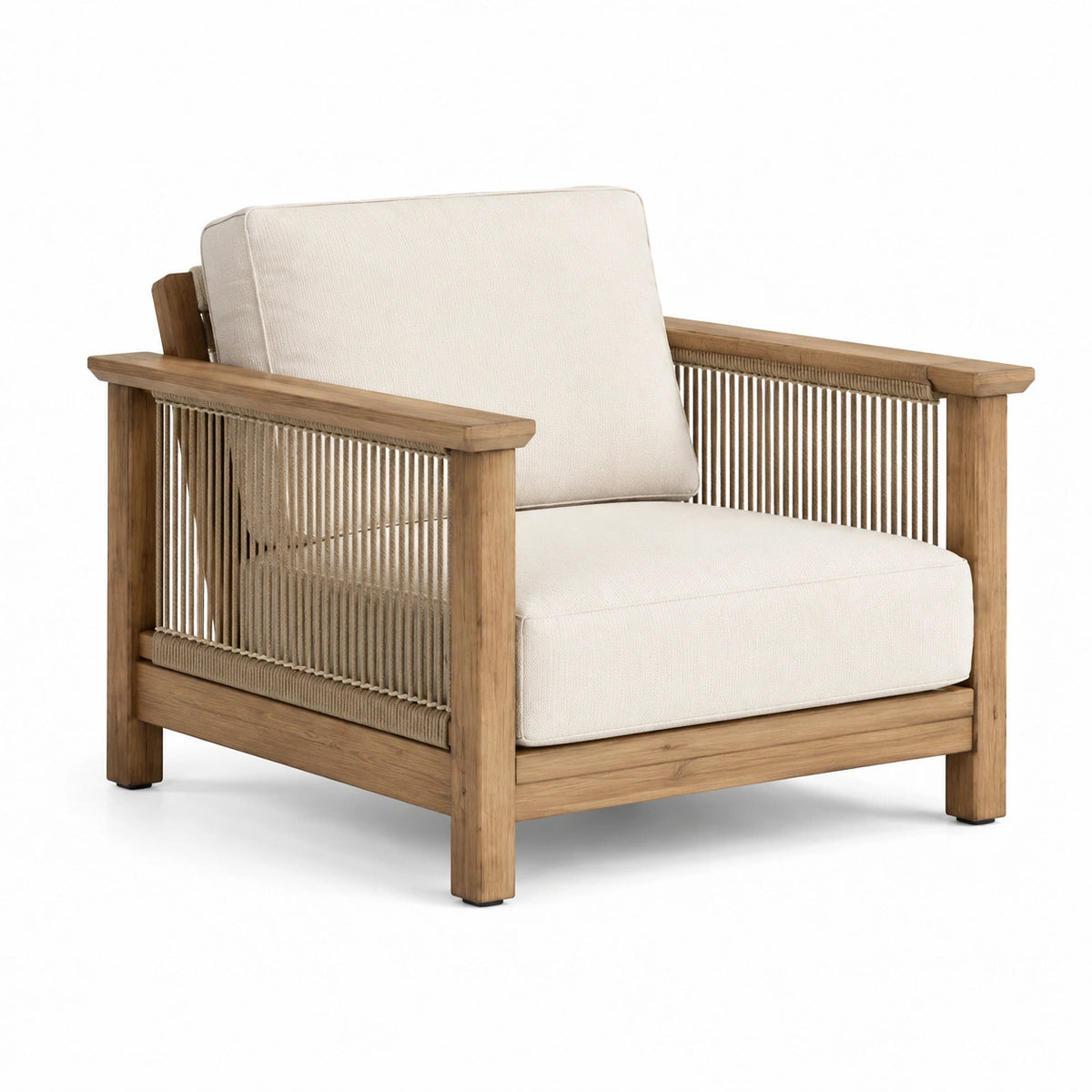 Fauteuil en bois de teck avec coussins en tissu beige