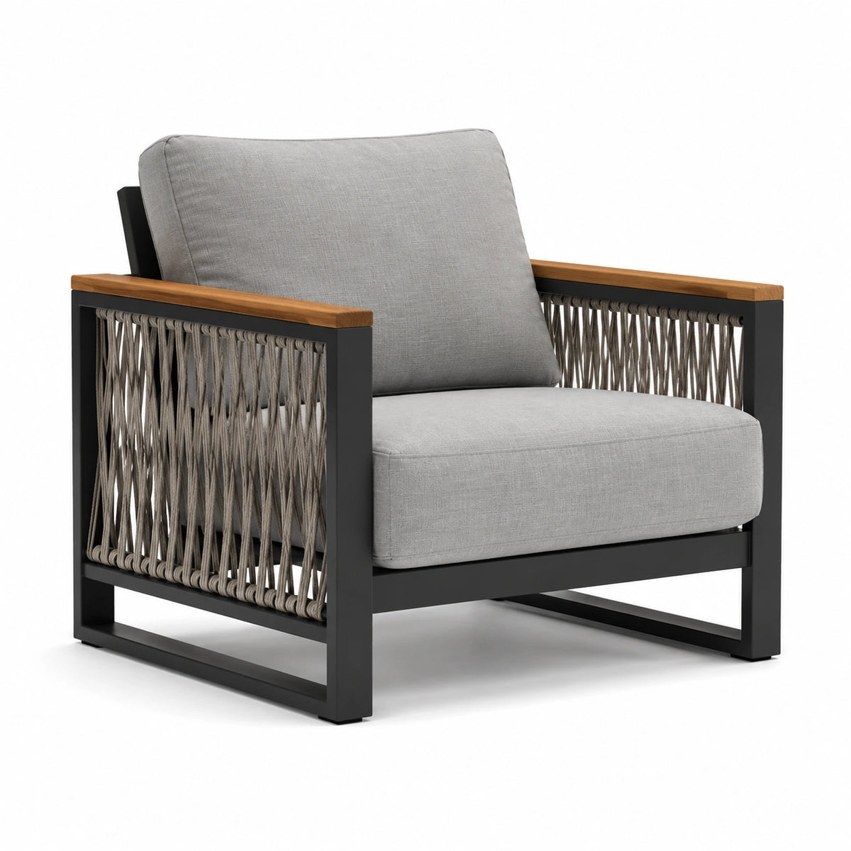 Fauteuil en Aluminium avec Coussins en Tissu Gris et Accoudoirs en Teck