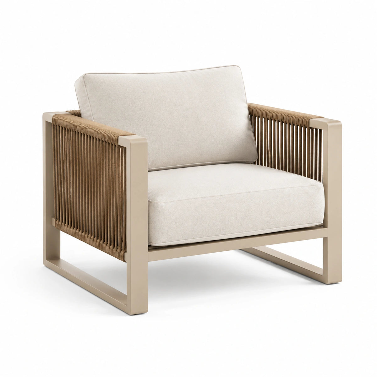 Fauteuil en aluminium et corde beige avec coussins en polyester crème 80x75x70 cm