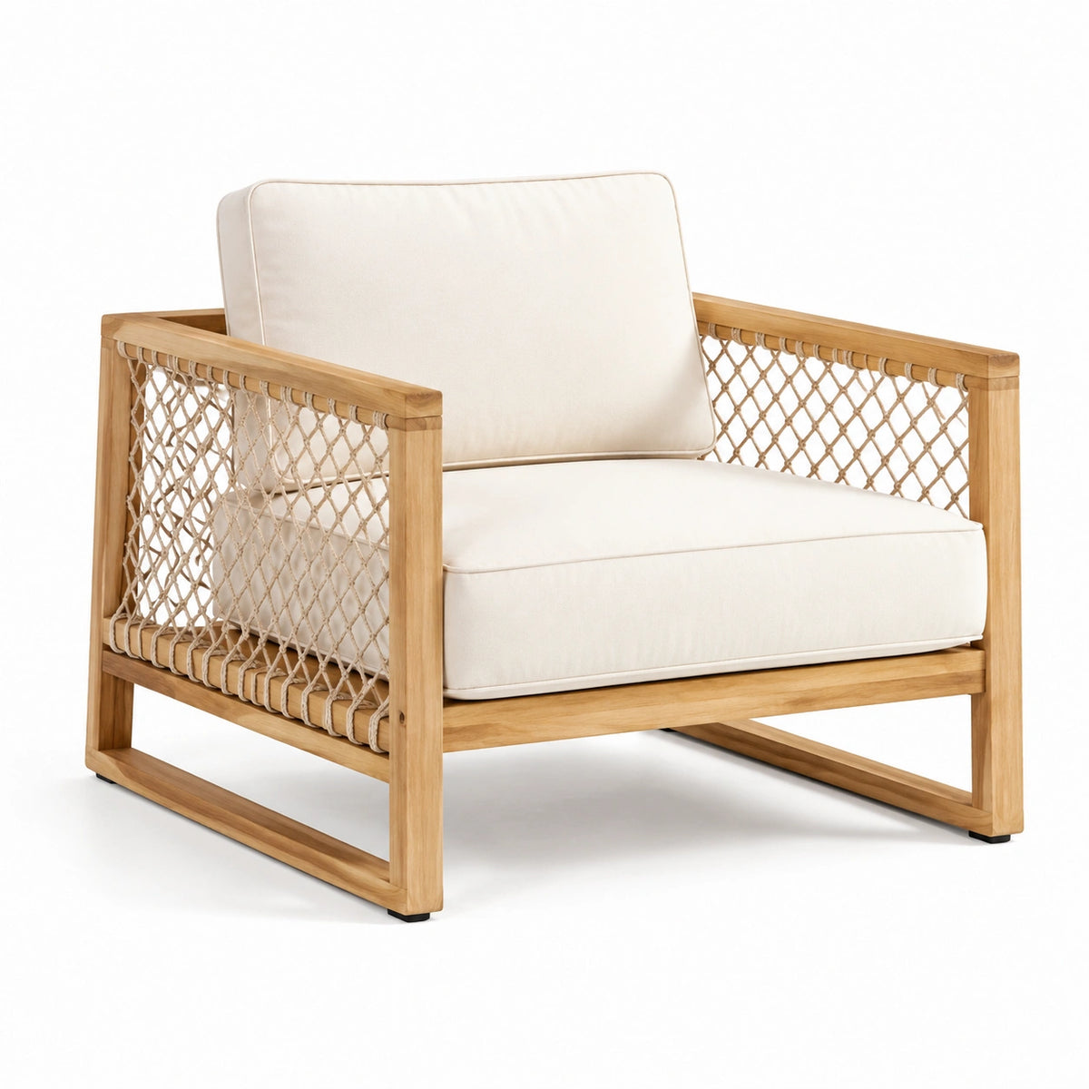 Fauteuil en bois d'acacia et corde avec coussins en polyester beige