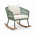Fauteuil à bascule en corde vert et beige avec pieds en bois et métal