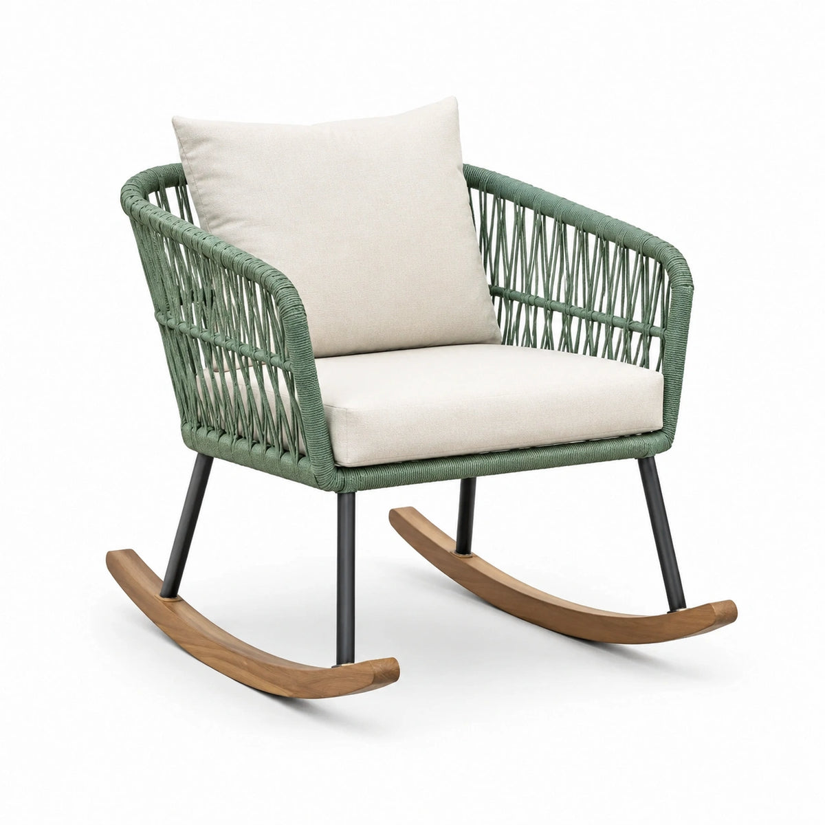 Fauteuil à bascule en corde vert et beige avec pieds en bois et métal
