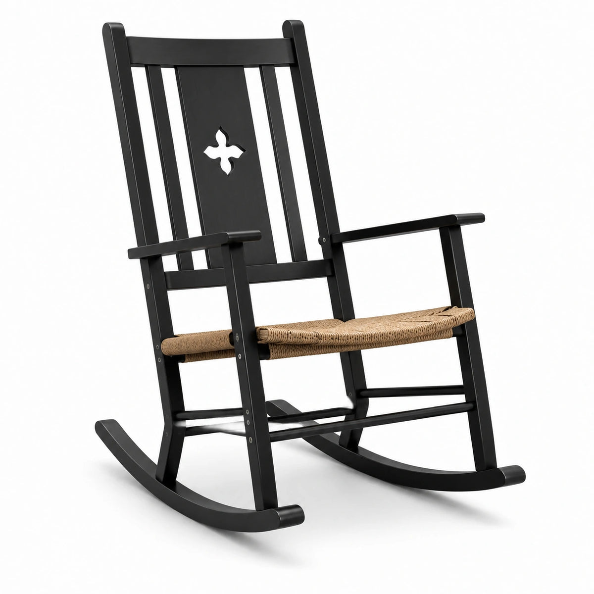 Fauteuil à bascule en bois noir avec assise en rotin
