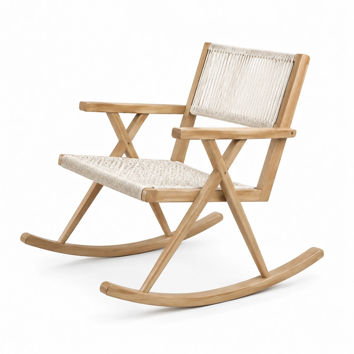 Chaise à bascule en bois et corde tissée en polyester naturel/blanc
