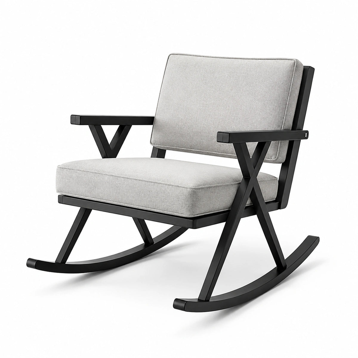 Fauteuil à bascule en métal noir avec coussins en tissu gris