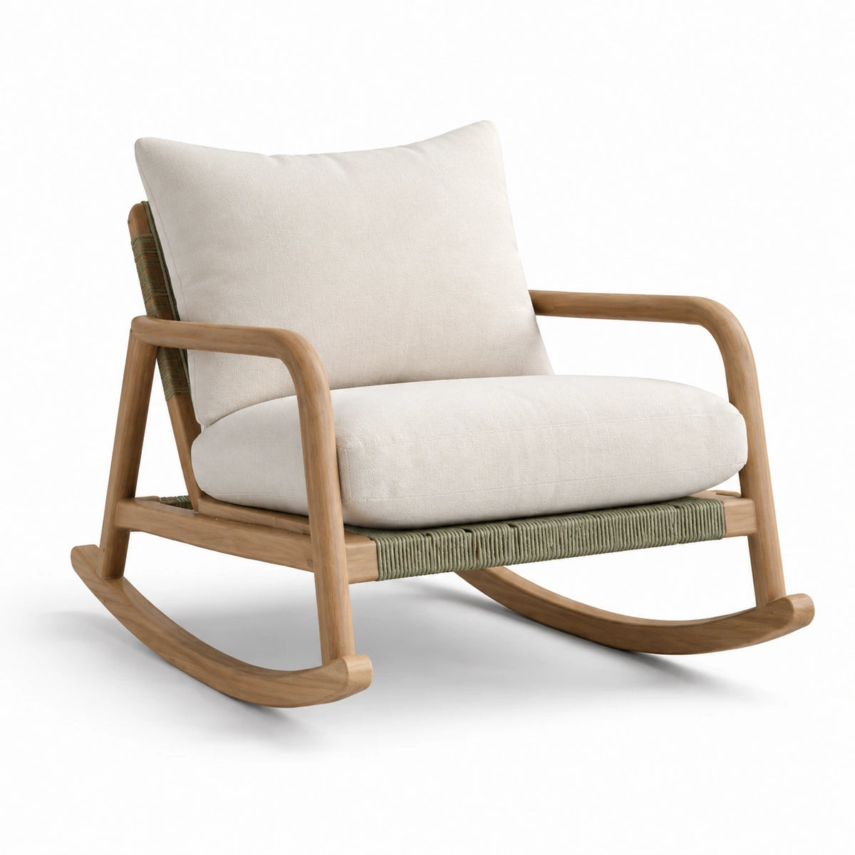 Fauteuil à bascule en bois de teck et coussins en lin écru