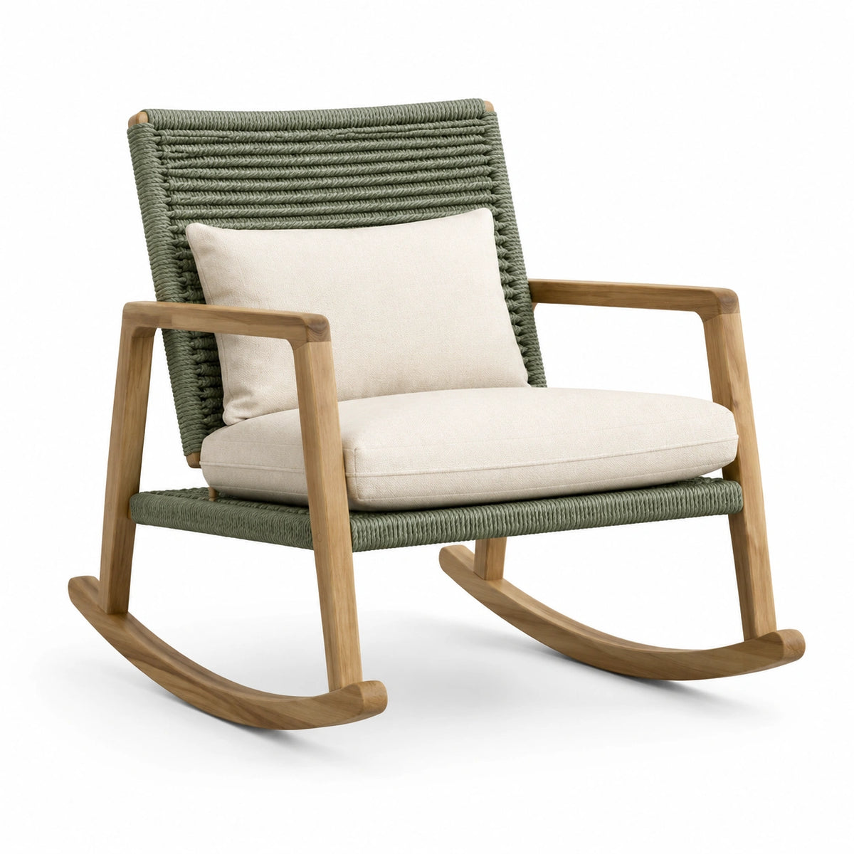 Fauteuil à bascule en bois de teck et corde avec coussin beige